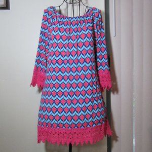 2 B Together Geometric Dress Blue Pink Lace Stretch